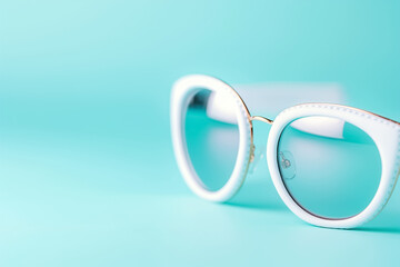 A pair of chic white sunglasses featuring blue lenses rests against a vibrant turquoise backdrop, highlighting contemporary fashion and allure in eyewear