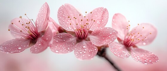 Poster - Delicate Pink Flowers with Dew Drops