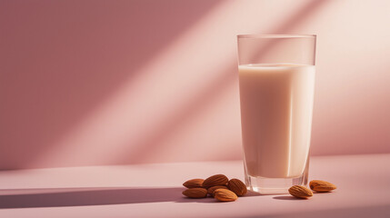 a glass of almond milk with a few almonds beside it against an isolated soft cinnamon background