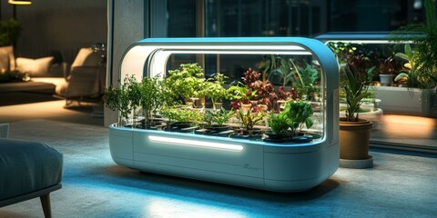 Sticker - Indoor garden with plants growing in a futuristic planter.