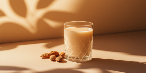 a glass of almond milk with a few almonds beside it against an isolated soft cinnamon background