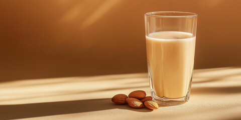 a glass of almond milk with a few almonds beside it against an isolated soft cinnamon background