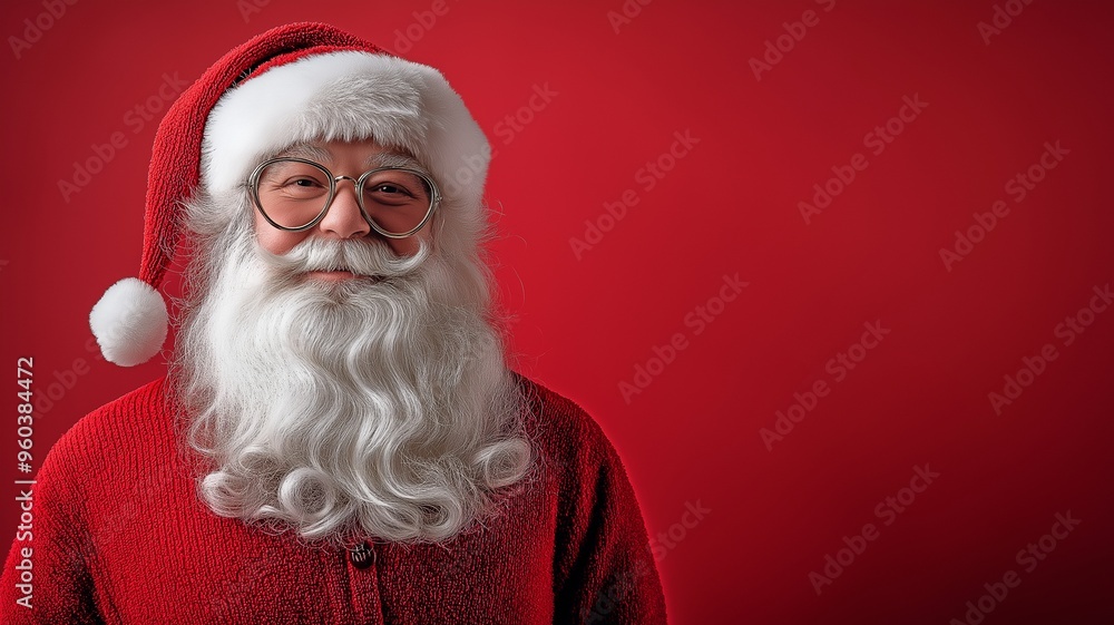 Santa Claus dressed in a classic red suit and sunglasses gives a ...