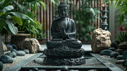 Wall Mural - Serene Buddha statue in a peaceful garden setting 