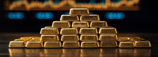 A digital financial chart background with a pyramid of shimmering gold bars that emphasizes investment, wealth, and the volatile value of precious metals.