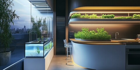 Canvas Print - Modern kitchen with a hydroponic garden.