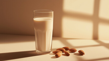 a glass of almond milk with a few almonds beside it against an isolated almond background