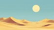 © Rattanathip - A minimalist illustration of a desert landscape under a clear blue sky with a bright sun and undulating sand dunes in warm tones.