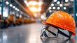 © Sumet - An orange safety helmet and protective goggles on a factory floor, emphasizing workplace safety and industrial environment.