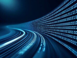 Abstract digital data stream concept. Binary code flowing in a blue curved tunnel.