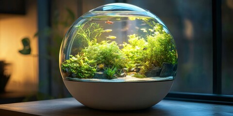 Canvas Print - An egg-shaped fishbowl with plants and fish.