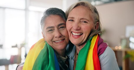 Poster - Face, happy lesbian couple and pride flag for love, support and laughing in home. Portrait, gay and mature women smile in relationship with commitment, loyalty and celebration of lgbt history month