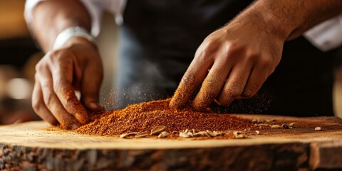 Wall Mural - Hands sprinkling spices on wooden board.