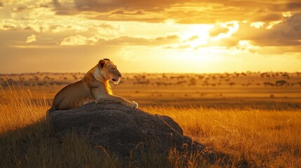 Canvas Print - A lioness rests on a rock during a vibrant sunset, showcasing the beauty of nature in the savanna.