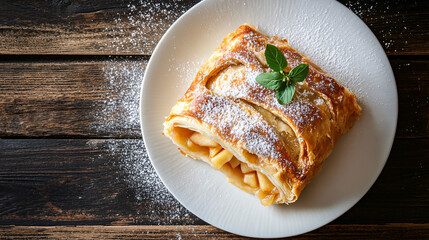 Canvas Print - Delicious fresh baked apple strudel sprinkled with icing sugar on white plate on old rustic wooden table