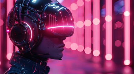  Futuristic handsome man with headphones in profile. 3d rendering of stylish robot listening to music