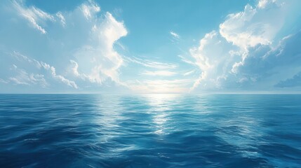 ethereal seascape cerulean sky with wispy cirrus clouds glassy turquoise ocean horizon line dividing composition tranquil atmosphere