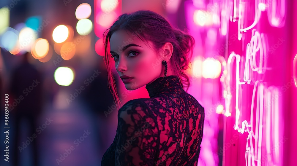 Fashionable woman in black lace, standing in front of a neon wall with ...