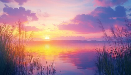 Canvas Print - A serene sunset over a calm lake, with vibrant colors reflecting on the water and tall grasses framing the scene.