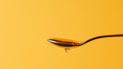 a single drop of liquid vitamin on a spoon against an isolated pale amber background