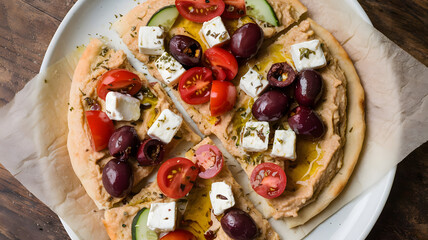 A Mediterranean flatbread topped with hummus, kalamata olives, feta cheese, cherry tomatoes, and cucumber slices, drizzled with olive oil and sprinkled with oregano.