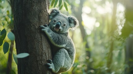 a cute koala clings to a tree in a lush forest, showcasing its natural habitat and playful demeanor.