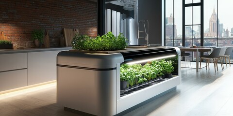 Canvas Print - Modern kitchen with indoor garden and city view.