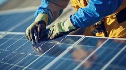 Close-up of hands securing solar panels onto a roof, with an electrician wearing safety gear and using specialized tools