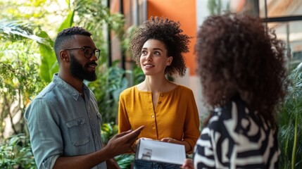 A young couple during a house viewing, with a real estate agent explaining the features and benefits of the property