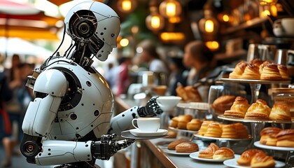 Futuristic humanoid robot serving coffee amidst a lively outdoor cafe with delicious pastries displayed on the counter