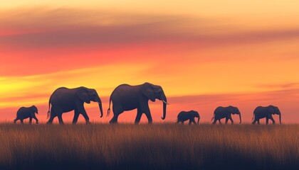 Canvas Print - A silhouette of elephants walking across a grassy landscape at sunset, showcasing nature's beauty and tranquility.