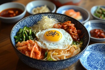 Delicious korean bibimbap with sunny-side-up egg and fresh vegetables in ceramic bowls