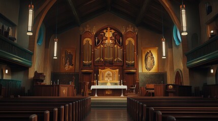 A church interior with a beautiful pipe organ, ornate altar, and rows of empty pews.