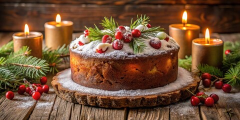 Traditional Christmas fruit cake decorated with powdered sugar and festive candles, rustic style with copy space