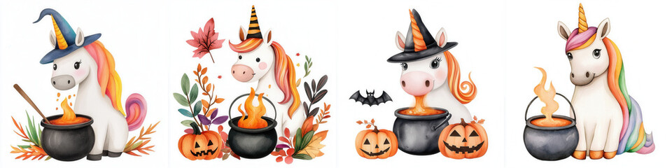 Cute unicorn with a witch's cauldron bubbling, halloween themed, watercolor clipart, perfect for nursery, isolated on white background