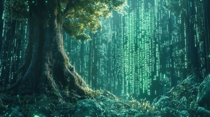 A futuristic illustration of a holographic green code projecting the image of a flourishing forest, representing sustainable digital advancements.