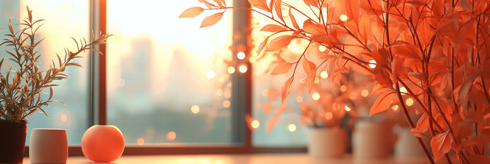 Poster - Warm sunset light streams through a window, illuminating a potted plant and a round object on a wooden table.