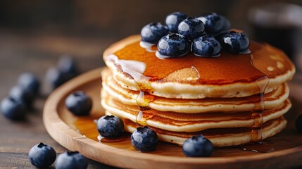 Wall Mural - homemade pancakes with blueberries and syrup, cozy breakfast at home concept on a wooden plate, inviting and flavorful