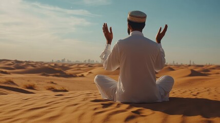 Muslims pray at sunset in the desert