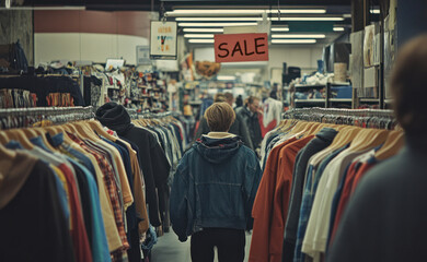 Shoppers navigating through racks of discounted clothes, with sale signs hanging overhead, captured with a 50mm lens. Black friday concept