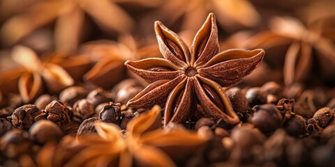 Wall Mural - Star anise spice in a pile of brown peppercorns.