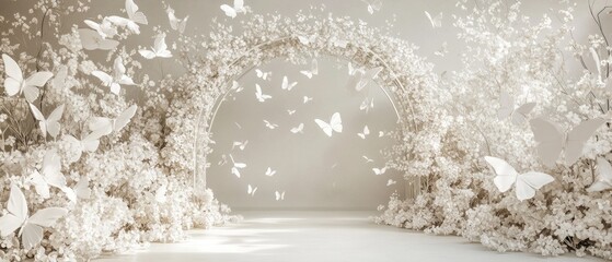 Poster - White Butterfly and Floral Archway with Light Background