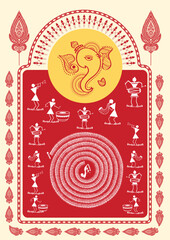 Sticker - Divine Dance: A Captivating Warli Depiction of Ganpati Festival. Warli Ganpati festival, Warli Krishna painting, Indian folk art Ganpati, Warli religious art, Festival painting.