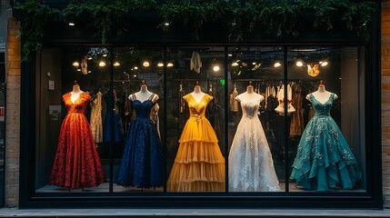 A window display of elegant dresses in a high-end fashion boutique