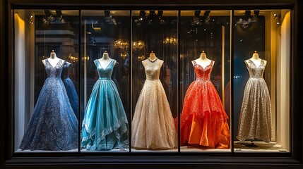 A window display of elegant dresses in a high-end fashion boutique