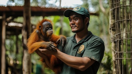 A caregiver gently holds a young orangutan in a wildlife sanctuary, showcasing a bond of care and conservation efforts..