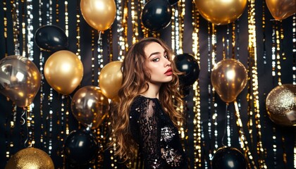 Glamorous Celebration: A Stunning Young Woman Sparkles at a Golden Party