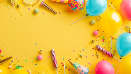 Yellow Birthday Bash: Top View of Balloons and Party Decorations with Copy Space