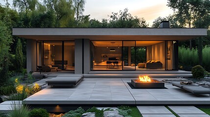 Wall Mural - A sleek modern minimalist patio with smooth gray concrete pavers in a grid layout, simple black furniture, a contemporary fire pit glowing softly,