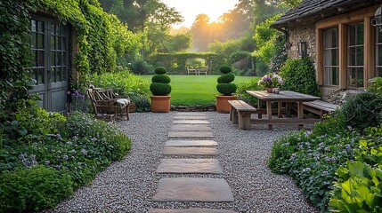 Wall Mural - A timeless English countryside patio with gravel pavers, vibrant greenery, topiary trees perfectly sculpted, traditional wooden benches and tables,